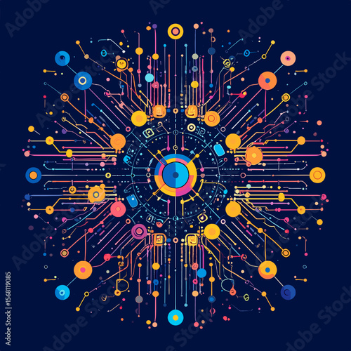 Geometric Abstract Pattern of Circles Squares and Lines with Vivid Color Palette on Dark Blue Background