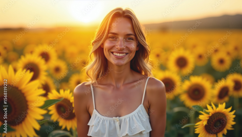 A woman in a white dress standing in a field of sunflowers at sunset with a bright smile on her face. the image has dreamy feel. A woman in a white dress standing in a field of sunflowers at sunset with a bright smile on her face. the image has dreamy feel.