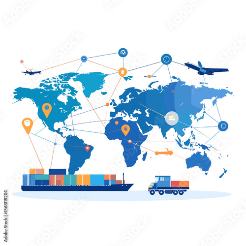 Global Logistics Network Connecting Continents Via Airplane Ship and Truck on a World Map Illustrating International Trade and Worldwide Distribution