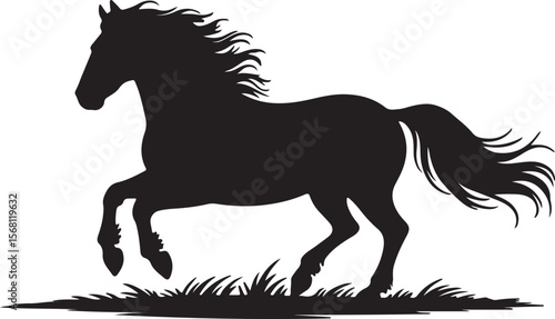 horse vector, silhouette of a galloping horse with flowing mane and tail on grassy ground, symbolizing strength, motion, and freedom