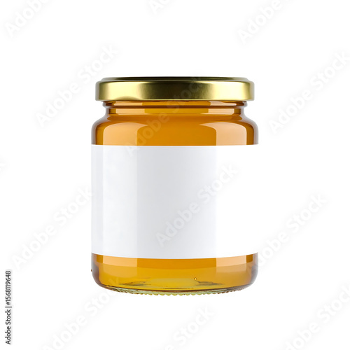 Glossy Honey Jar with Blank White Label and Golden Fill In Transparent Background