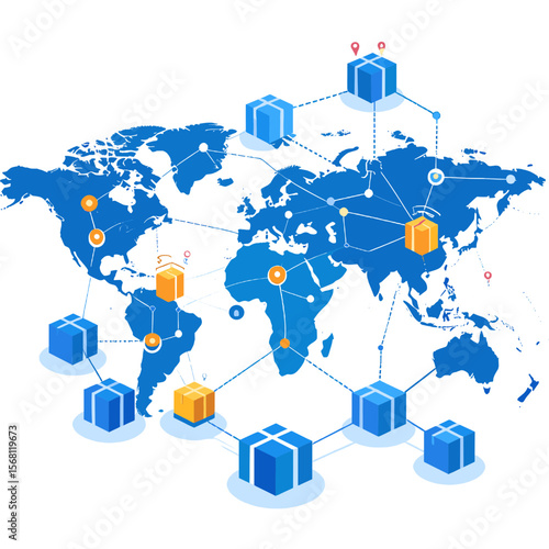 Global Network of Shipping Boxes Over Blue and White World Map International Trade and Worldwide Logistics Concept