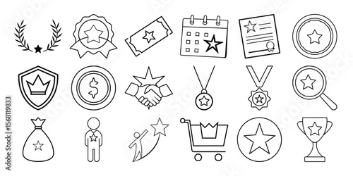 Black and white line art icons for achievements and recognition on white background