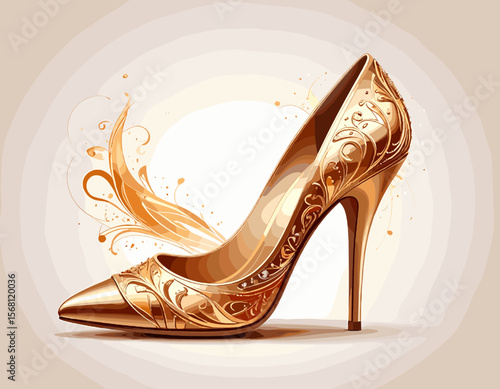 Gold High Heel Shoe with Ornamental Details and Artistic Splashes on a Beige Background