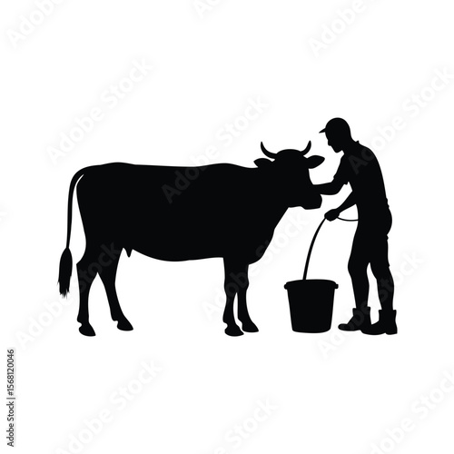A Silhouette of a Farmer Milking a Cow on a White Background