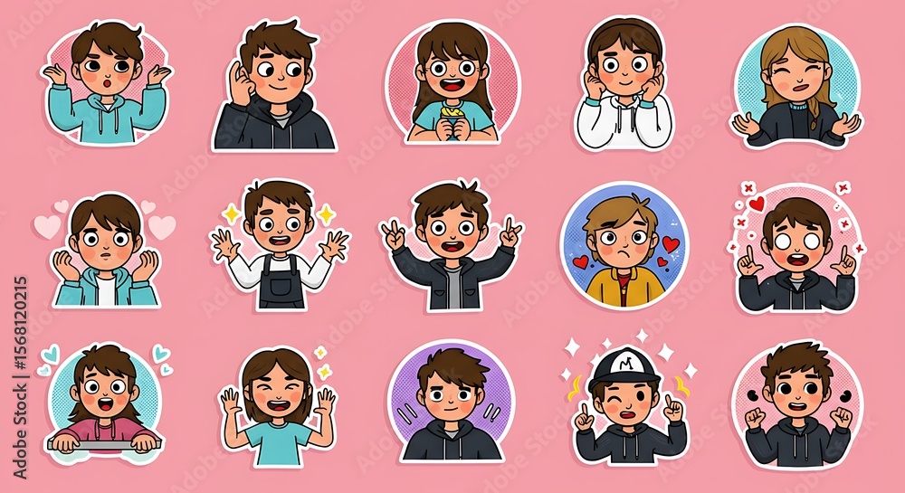 Obraz premium Collection of Diverse Cartoon Stickers Featuring Teenagers Expressing Various Emotions