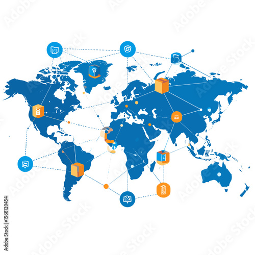 Interconnected Blue World Map with Orange Nodes and Global Network Concept