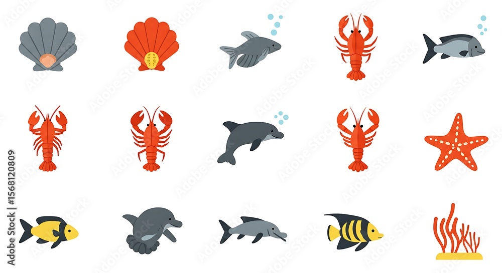 Fototapeta premium Colorful Flat Illustration of Various Aquatic Creatures