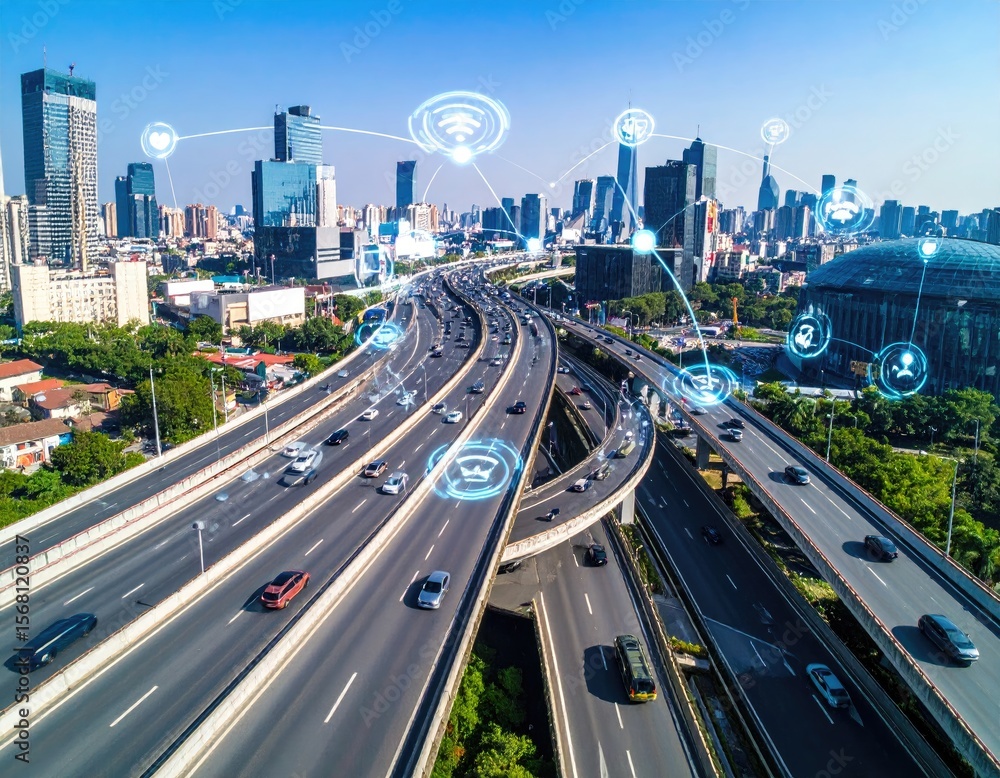 Fototapeta premium City highway network with connected vehicles