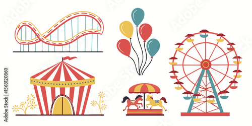 Carnival fairground vector illustration with roller coaster ferris wheel and carousel for fun design