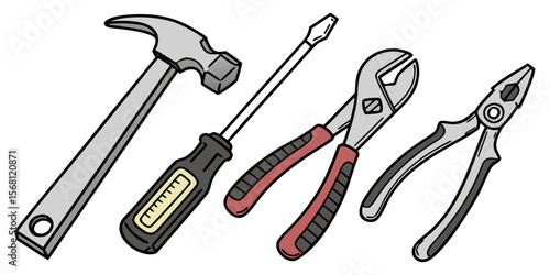 Illustration of hand tools hammer screwdriver pliers wrench for construction and repair projects work equipment