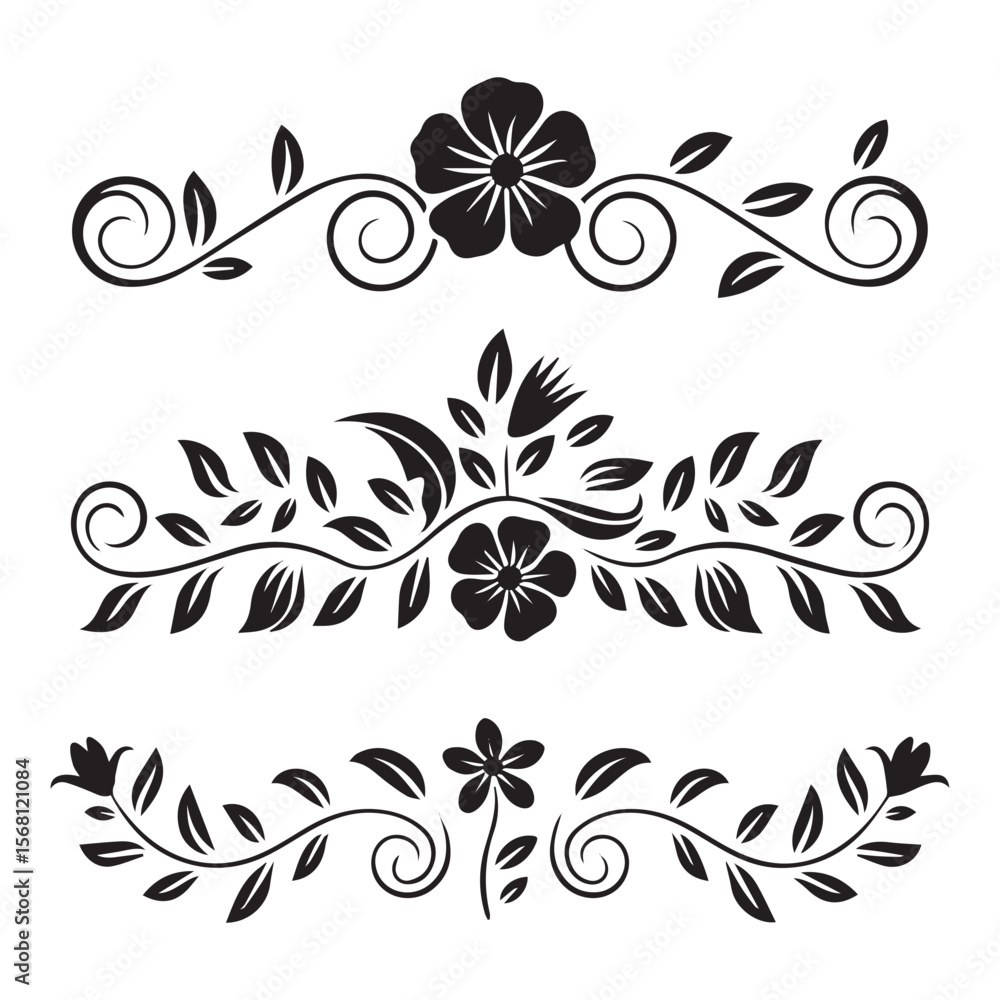 Floral vine flourishes with flowers and leaves scroll Floral vine flourishes with flowers and leaves scroll