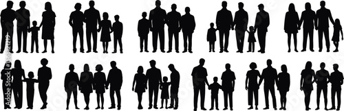 Silhouettes of diverse family members standing together, parents and children group illustration, family relationship concept, black vector silhouettes isolated flat vector illustration