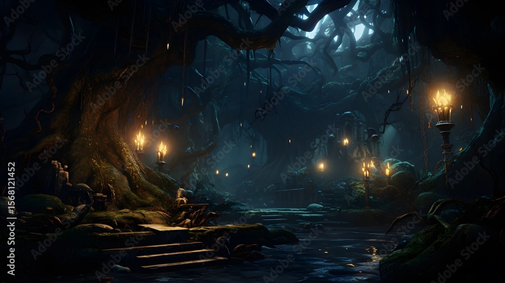 Obraz premium An enchanting forest scene filled with magical glowing lights at night.