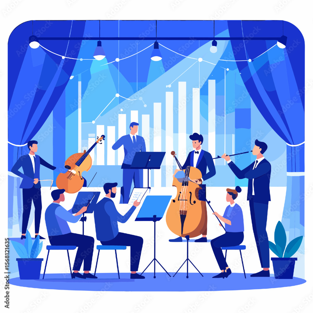 Fototapeta premium Orchestra Performing on Stage with Musicians Playing String Instruments Under Spotlights with Graph Background and Blue Curtains