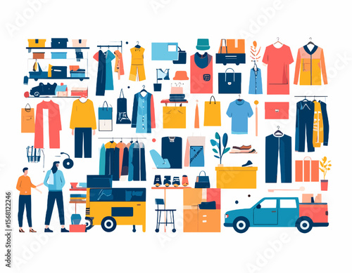 Retail Clothing Store Colorful Vector Illustration with Shelves Racks and Customers Featuring Various Apparel Items and Accessories Against a White Background