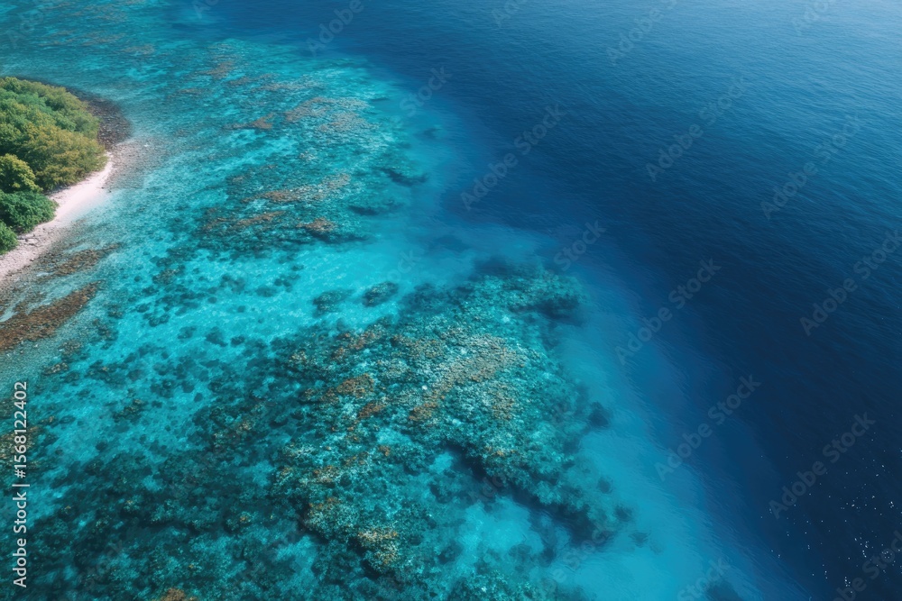 Obraz premium drone-view overhead of cover coral reef formation near gili islands under crystal clear water