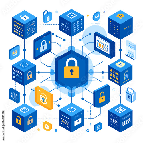 Secure Network of Interconnected Blocks in Blue and Yellow Isometric Style With Encryption and Cyber Security Concept