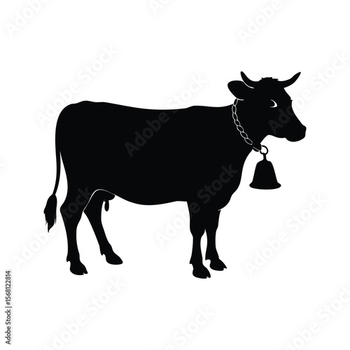Silhouette of a cow with a bell, standing on a white background