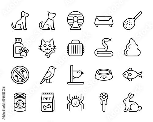 Pet Icons: A curated collection of line art pet icons, capturing the essence of a diverse range of animal companions and their essential supplies.