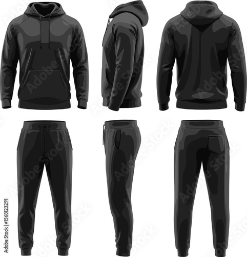 3D rendering of black tracksuit set, front side back view, sportswear outfit, hoodie and joggers, isolated on gray background