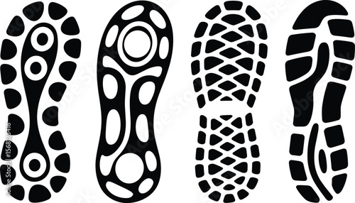 Black and white illustration of four different sneaker sole tread patterns, perfect for shoe design, iconography, branding, or print use