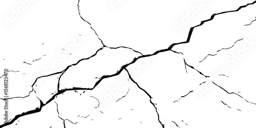 "White grunge wall texture with bold black cracks forming abstract patterns. Ideal for backgrounds, distressed design elements, aged surface effects, and creative graphic overlays"