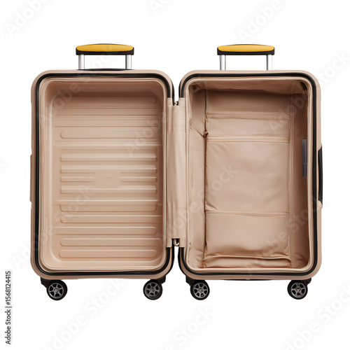 An open and empty modern suitcase isolated on transparent background