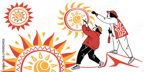 Creative artists painting sun symbols, illustration conveying artistic expression and collaboration on a white background