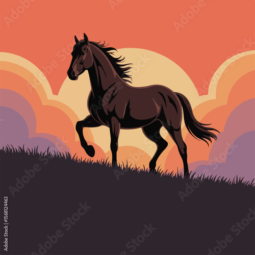 horse vector, silhouette of a horse trotting on grassy hill against dramatic sunset sky with vivid clouds, symbolizing strength and grace