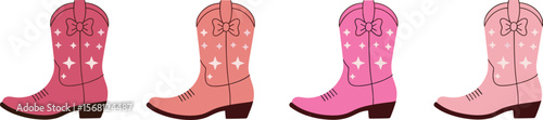 Cute pink cowgirl boots illustration with stars and bows, pastel western footwear design in row, perfect for fashion and kids decor