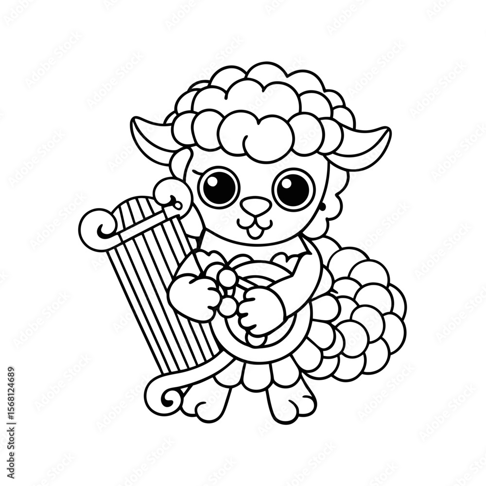 Fototapeta premium Lamb Playing Harp with Friends Coloring Page