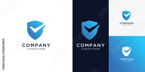 Shield secure check mark logo, Shield data security logo template. Abstract digital technology for business technology.
