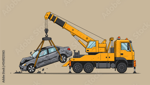 Wrecked Car Being Lifted by Tow Truck - Vector Illustration