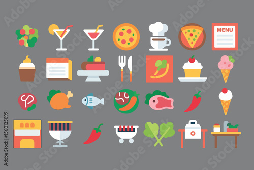 A vibrant collection of flat design icons representing various food and drink items kitchenware and restaurant elements on a neutral background