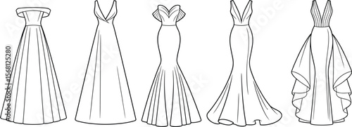 Elegant formal evening gowns technical sketch, fashion illustration of five dress designs with various necklines and silhouettes, black and white