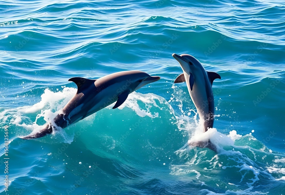 Obraz premium Dolphins leap and playfully interact in sunlit ocean waves, marine biology, sunlight