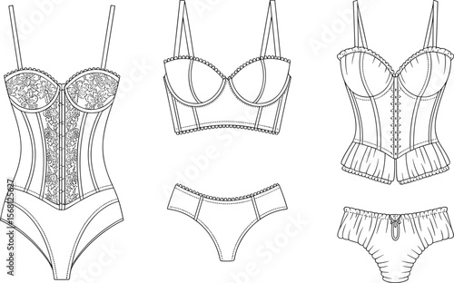 Elegant lingerie fashion sketch, women's intimate apparel set, technical flat drawing, bodysuit, bras, corset, and panties illustration
