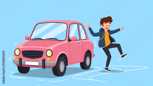 Young Man Slipping on Wet Pavement Near a Pink Car