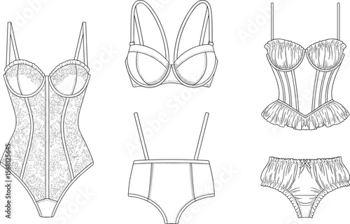 Elegant lingerie fashion sketch, women's intimate apparel set, technical flat drawing, bodysuit, bras, corset, and panties illustration