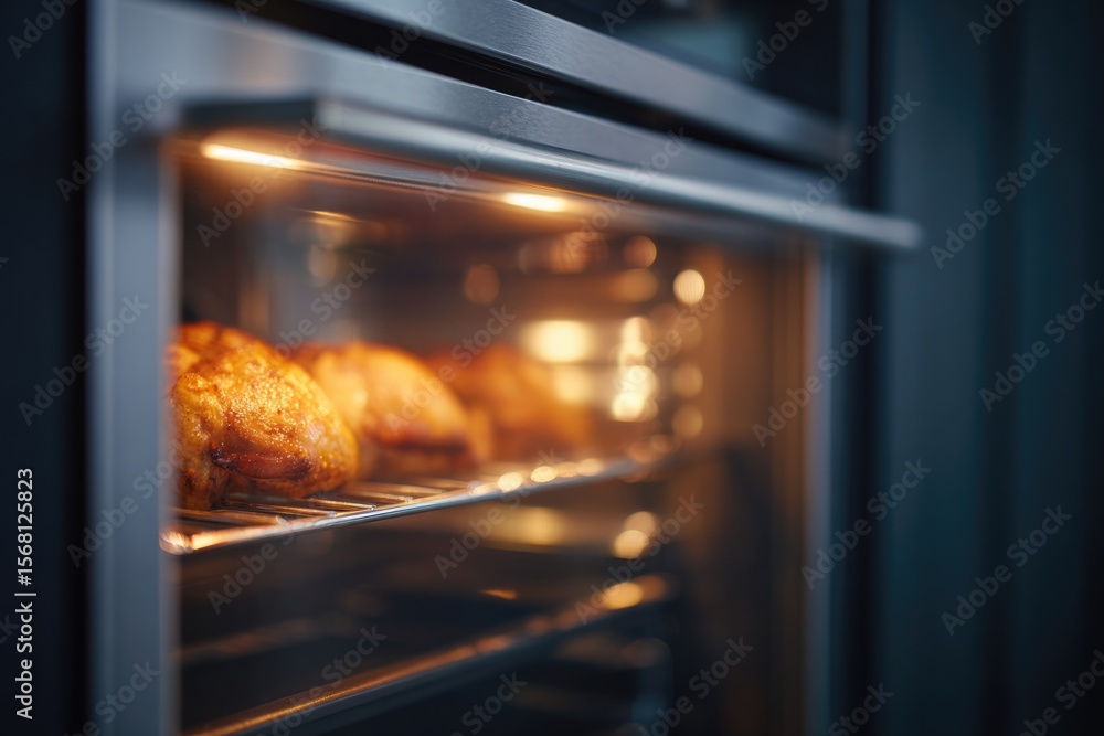 Obraz premium portrait render of transparent smart oven door revealing rack with roast chicken inside warm light visible through