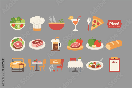 Collection of flat design icons representing a variety of food and dining elements including pizza steak salad drinks and restaurant seating arrangements