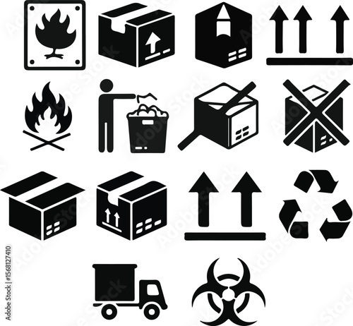 Packaging symbols set with fragile, biohazard, etc.