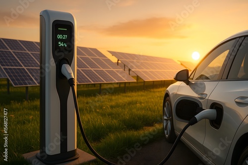 Electric Vehicle Charging Station with Solar Panels and Car at Sunset