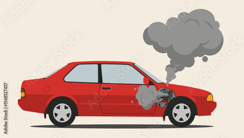Overheated Red Car Emitting Smoke - Vector Illustration