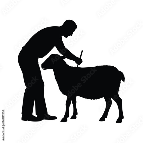 Silhouette of a Shepherd Grooming a Sheep with a Stick, Black and White