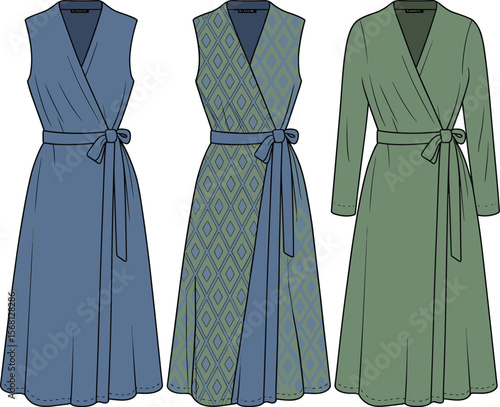 Technical flat sketch of women’s wrap dresses in three styles, sleeveless and long sleeve options, patterned and solid variations illustrated