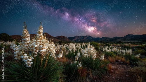 Yucca bloom under Milky Way in Chihuahuan Desert night with deep space negative area, celestial scene for astronomy apps, posters, or dark decor themes.