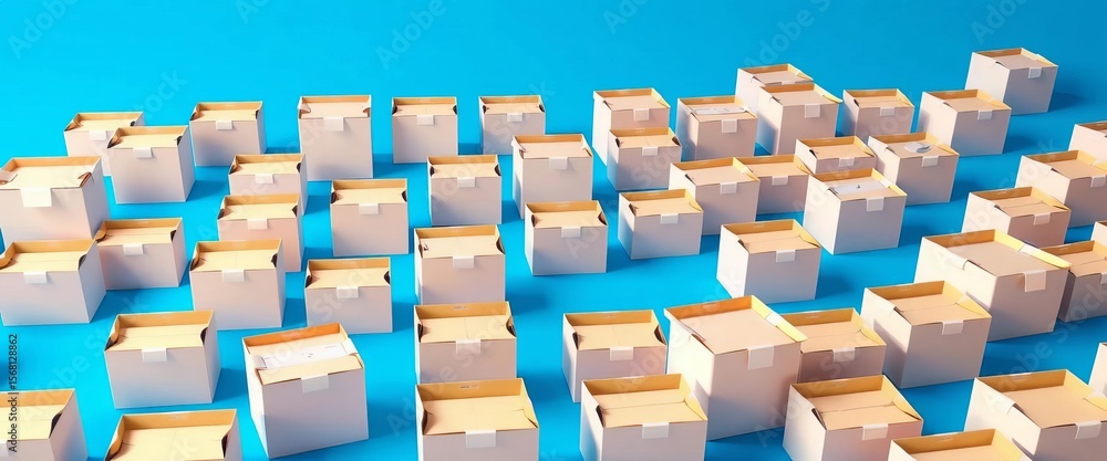 Obraz premium Endless row of identical white cardboard boxes on a vibrant blue background, cardboard, storage