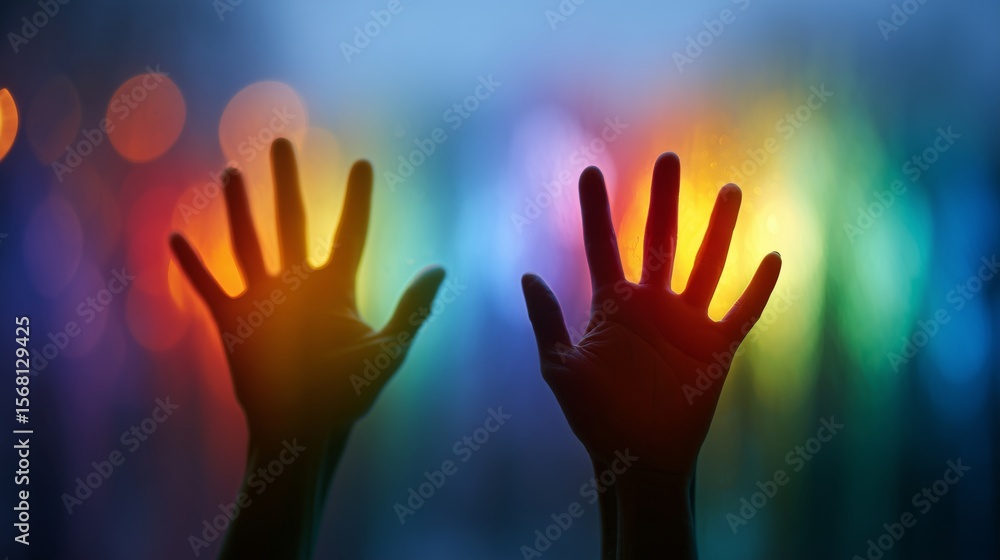 Colorful hands express freedom and joy in a vibrant celebration during dusk at a cultural event Colorful hands express freedom and joy in a vibrant celebration during dusk at a cultural event